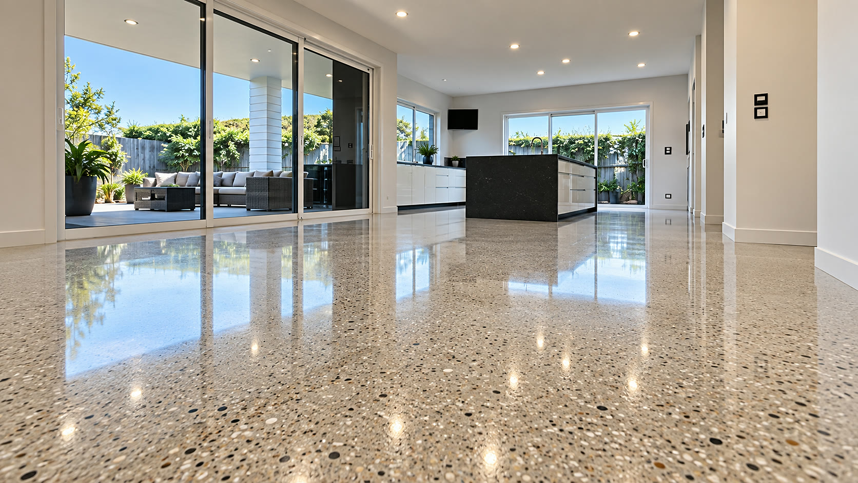Mirror polished concrete floor in an open plan living and kitchen space, exposed aggregate reflecting daylight from sliding doors