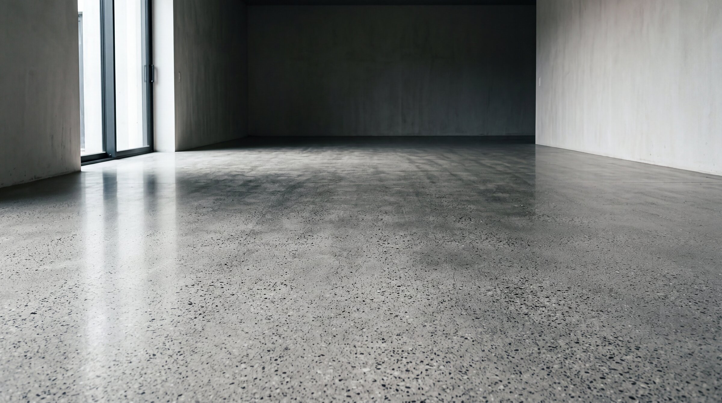 Wide polished concrete floor in a minimal interior with daylight raking across the surface